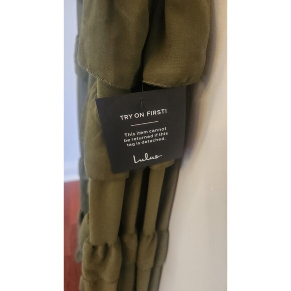 Lulus Olive Green Ruffled Tiered Maxi Dress Medium Square Neck High Slit NWT - Picture 5 of 8